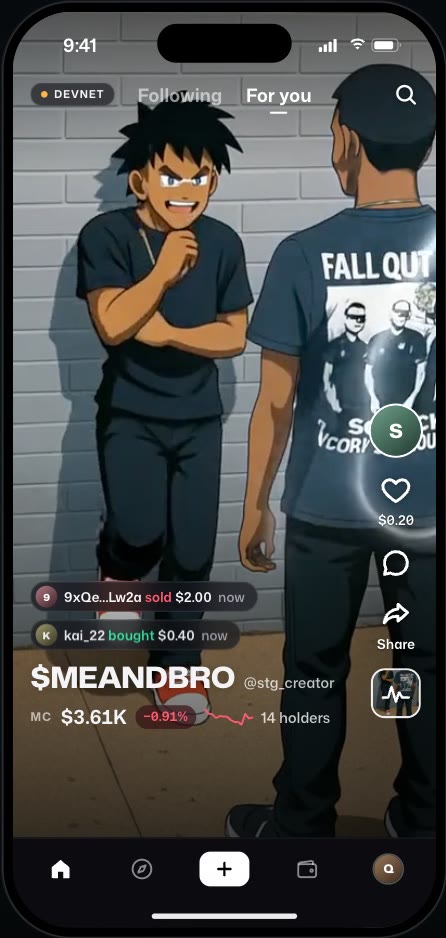 The feed: a meme video with its coin, market cap and live trades