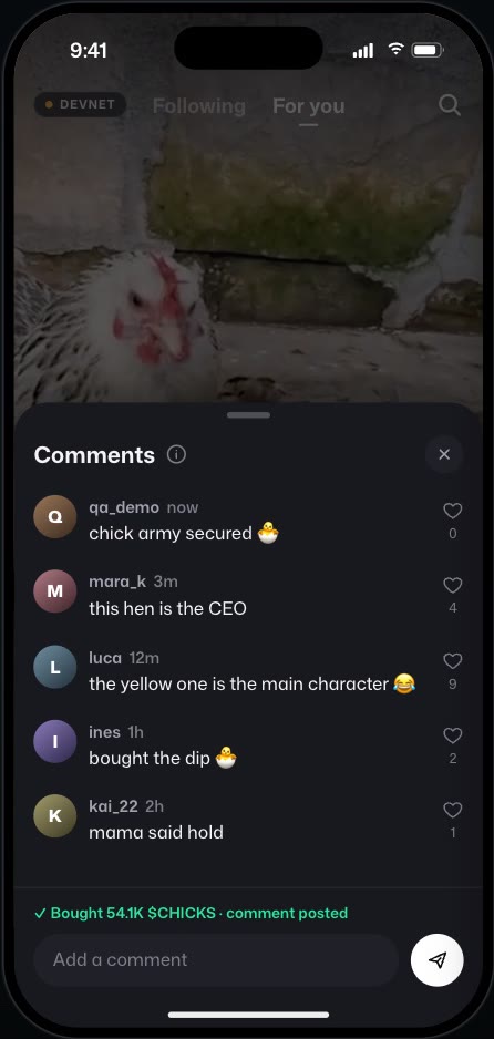 Comments on a video, with a confirmed buy attached