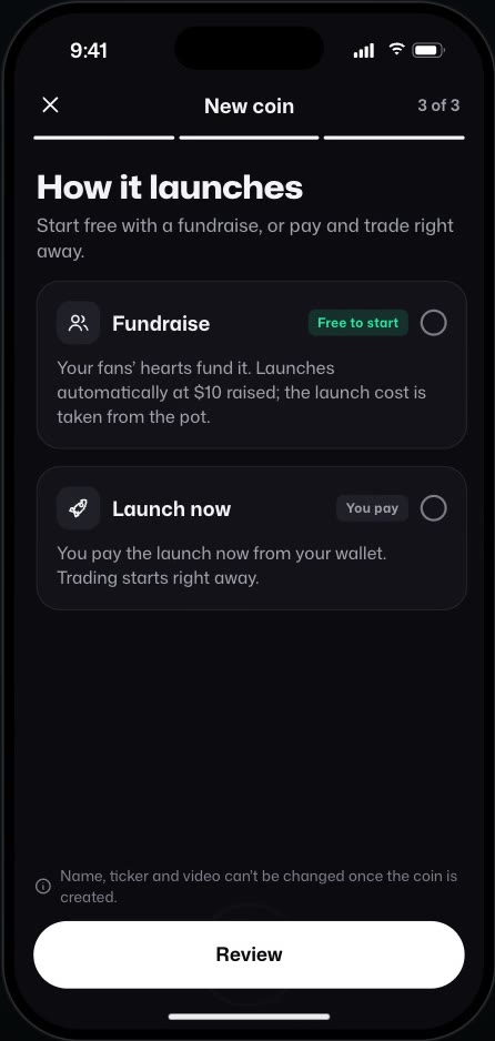 Choosing how the coin launches: fundraise or launch now